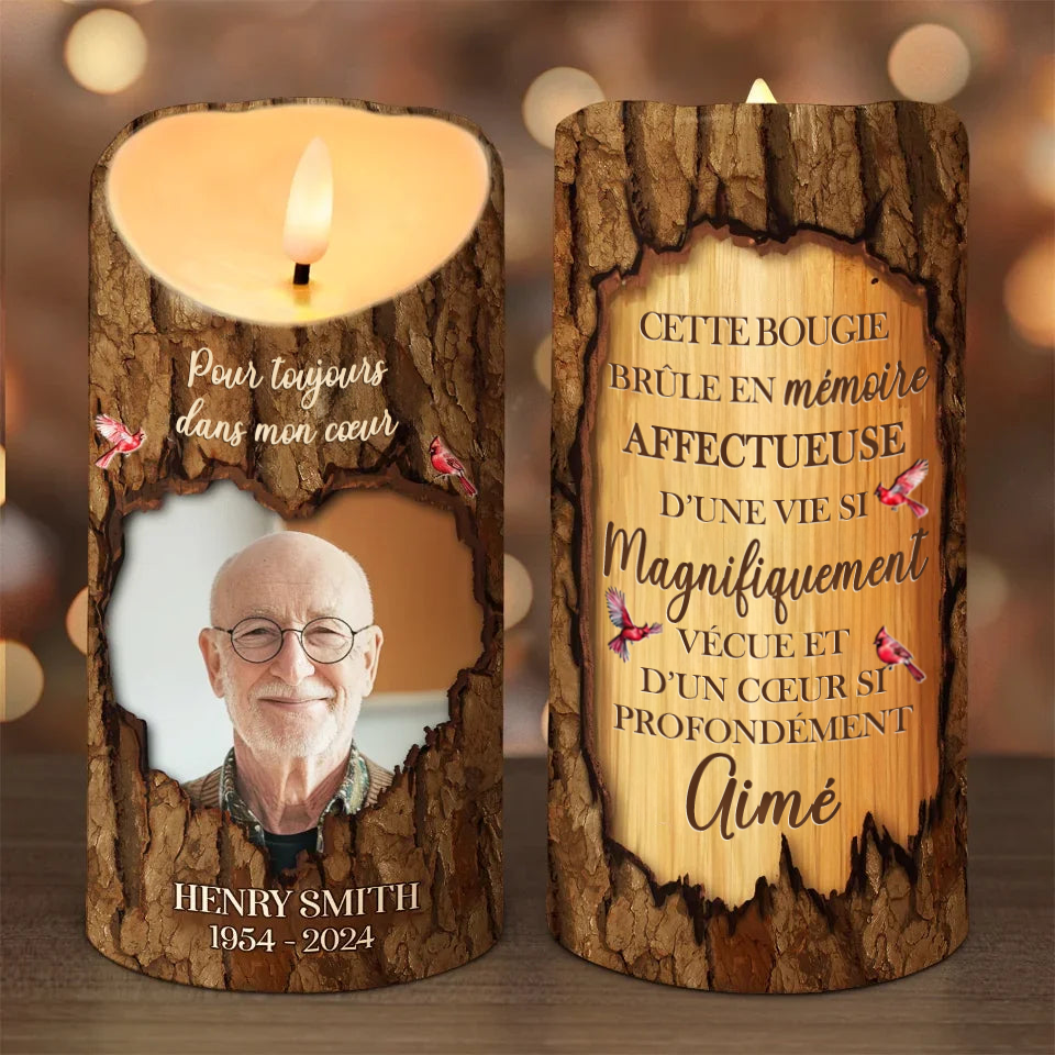 Bougie LED Commémorative Personnalisée – Motif Bois avec Photo et Texte
