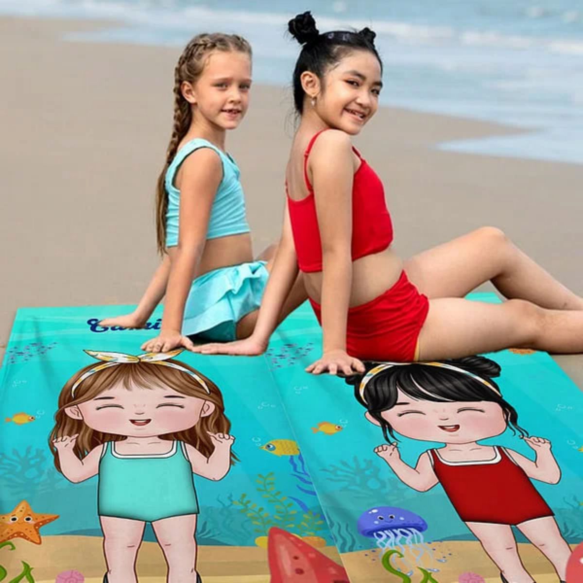 Été, Plage, Piscine, Voyage – Serviette de Plage Familiale Personnalisée sur Mesure
