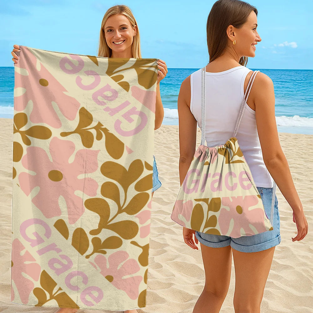 Serviette de plage personnalisée avec prénom – Design floral rétro