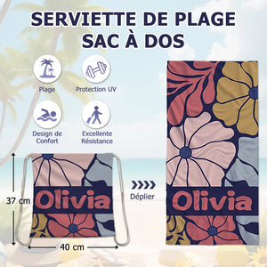 Serviette de plage personnalisée avec prénom – Design floral rétro