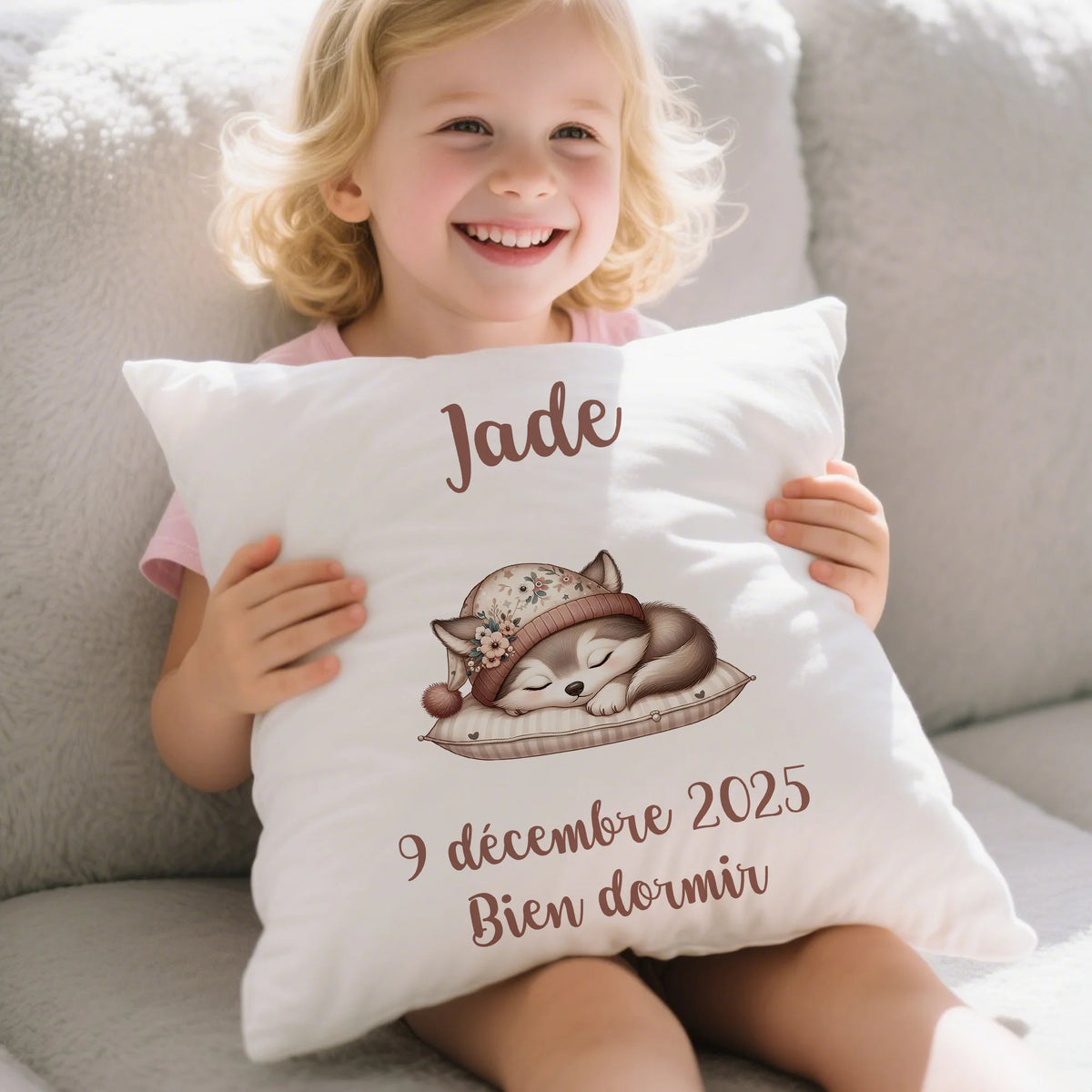 Housse de Coussin Personnalisée - Design Animal Mignon et Nom