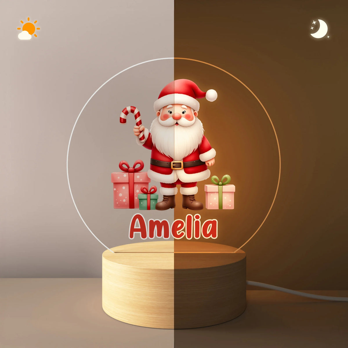 Lampe LED Personnalisée – Père Noël et Cadeaux de Noël avec Prénom