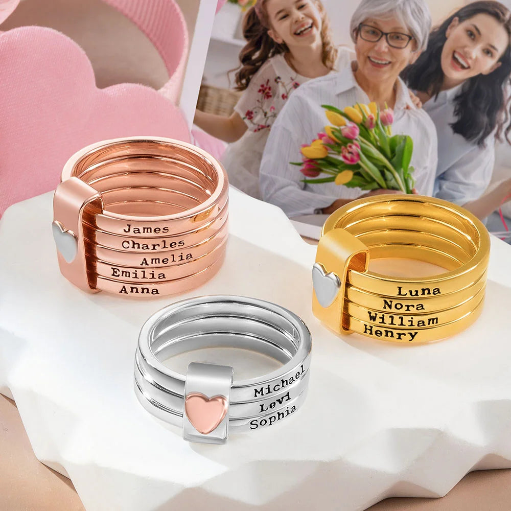 Bague Personnalisée avec Prénoms – Design Empilable avec Cœur Gravé