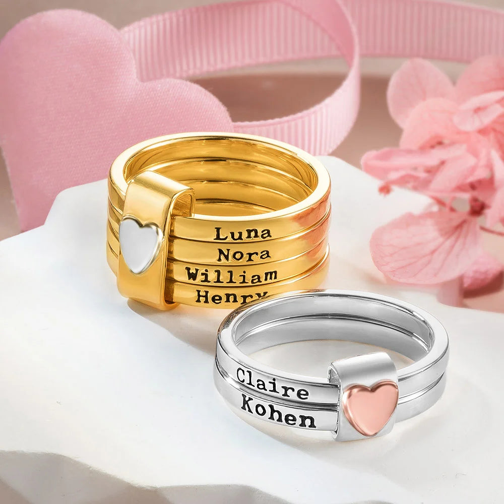 Bague Personnalisée avec Prénoms – Design Empilable avec Cœur Gravé