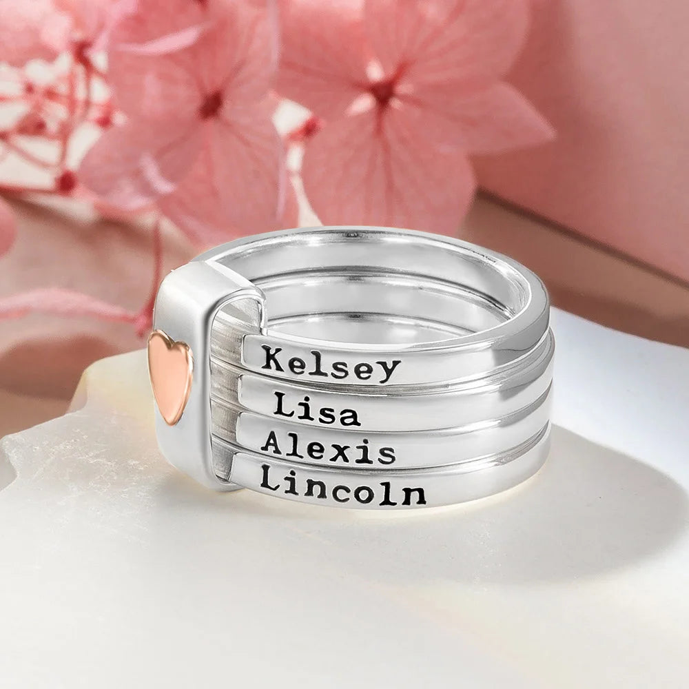 Bague Personnalisée avec Prénoms – Design Empilable avec Cœur Gravé