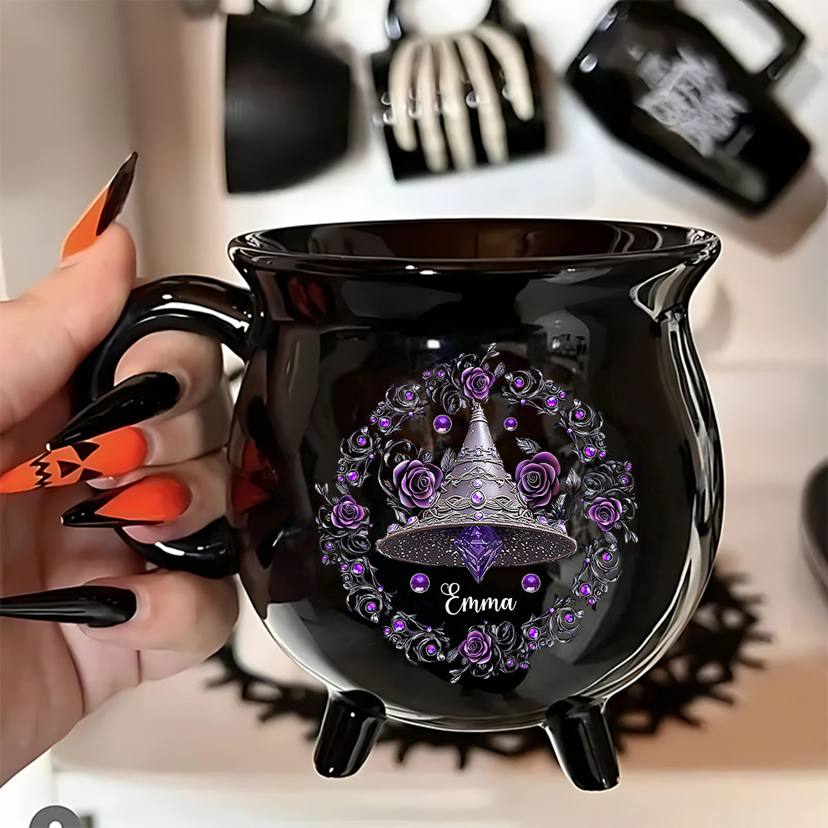 Mug Chaudron Personnalisé – Chapeau de Sorcière & Fleurs Magiques
