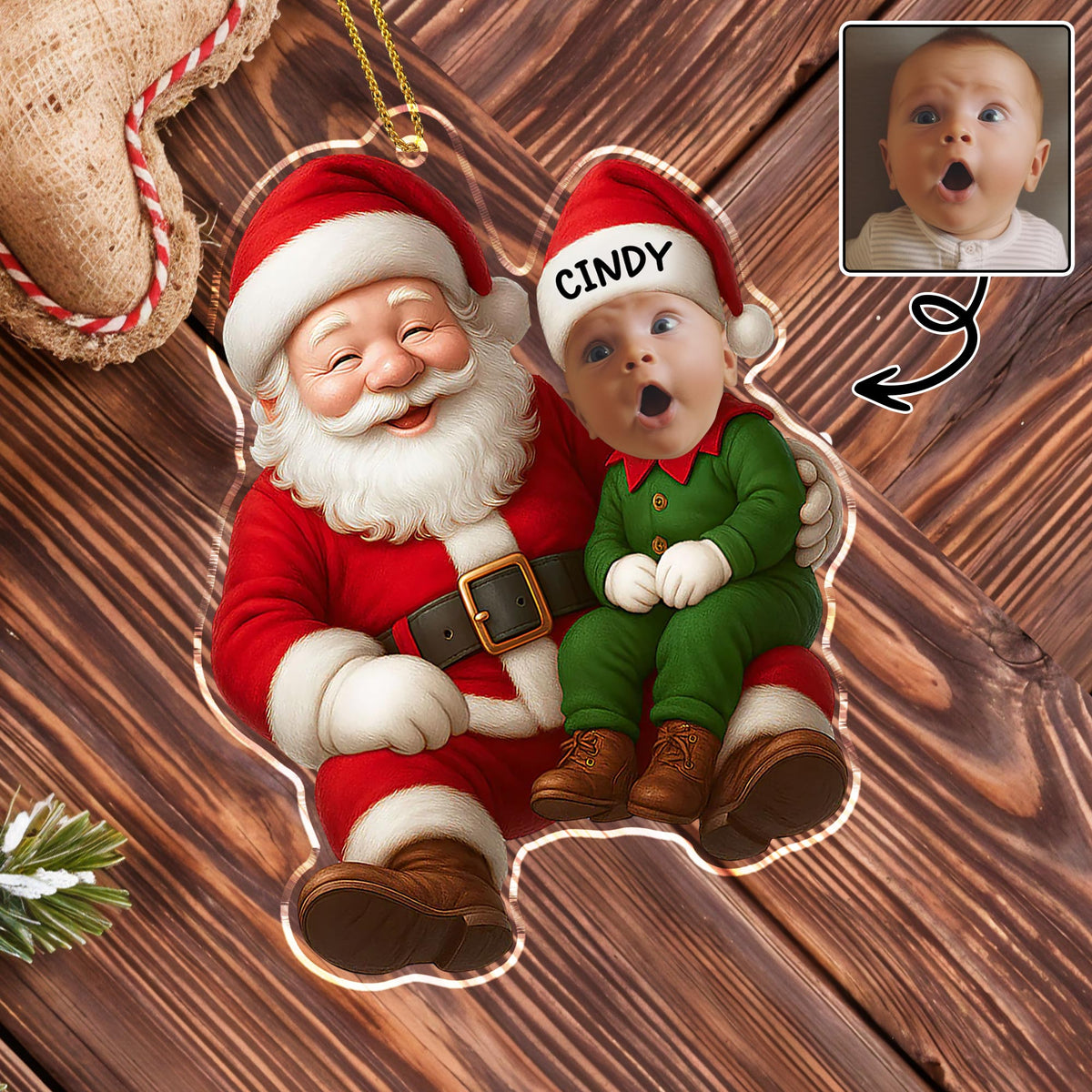 Ornement Acrylique Personnalisé Père Noël & Bébé – Décoration Unique pour Sapin de Noël
