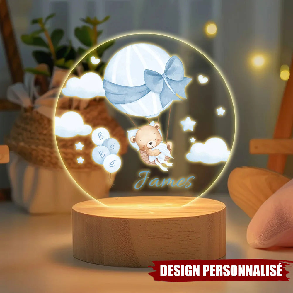 Veilleuse LED Acrylique Personnalisée – Ourson en Montgolfière avec Prénom