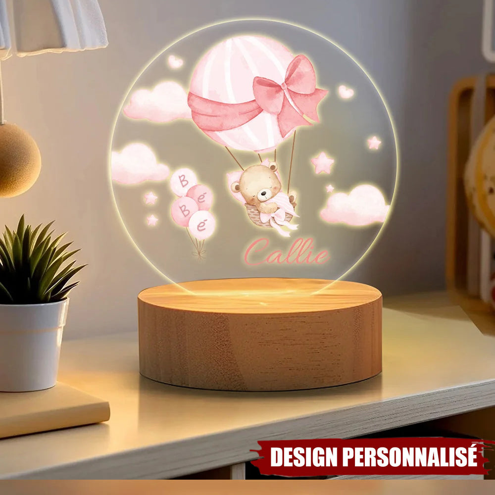 Veilleuse LED Acrylique Personnalisée – Ourson en Montgolfière avec Prénom