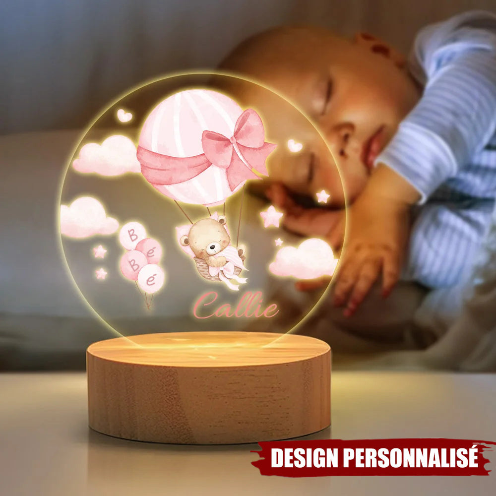 Veilleuse LED Acrylique Personnalisée – Ourson en Montgolfière avec Prénom