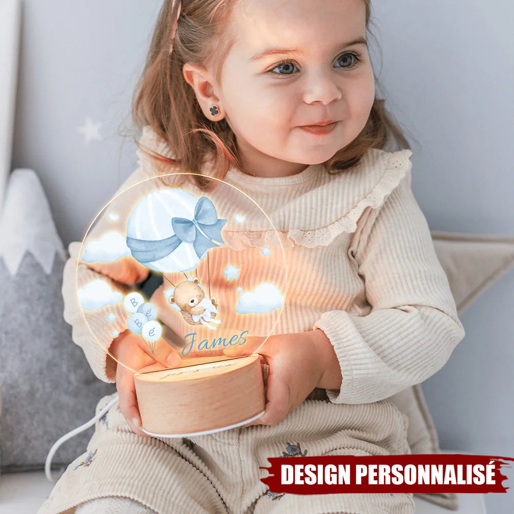 Veilleuse LED Acrylique Personnalisée – Ourson en Montgolfière avec Prénom