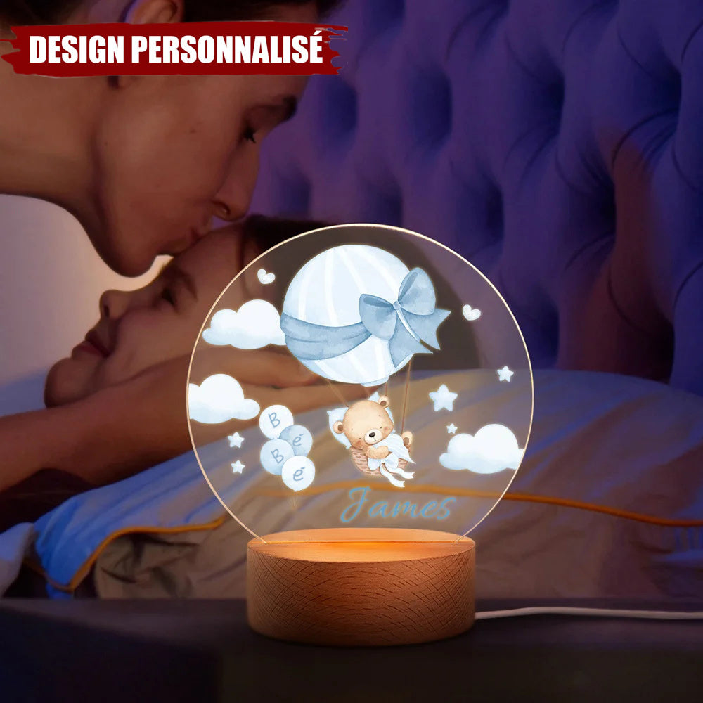 Veilleuse LED Acrylique Personnalisée – Ourson en Montgolfière avec Prénom
