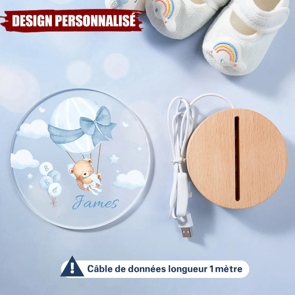 Veilleuse LED Acrylique Personnalisée – Ourson en Montgolfière avec Prénom