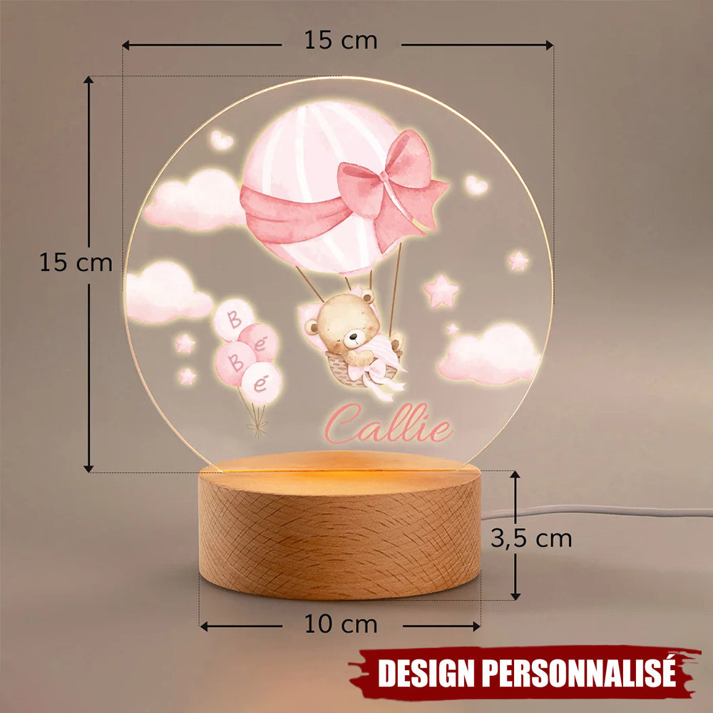 Veilleuse LED Acrylique Personnalisée – Ourson en Montgolfière avec Prénom