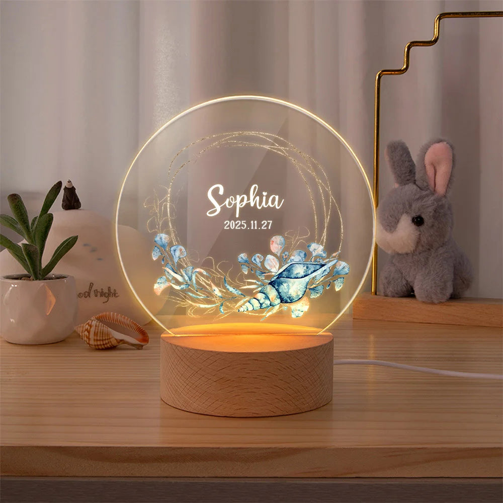 Veilleuse LED Acrylique Personnalisée – Prénom et Date avec Motif les créatures marines