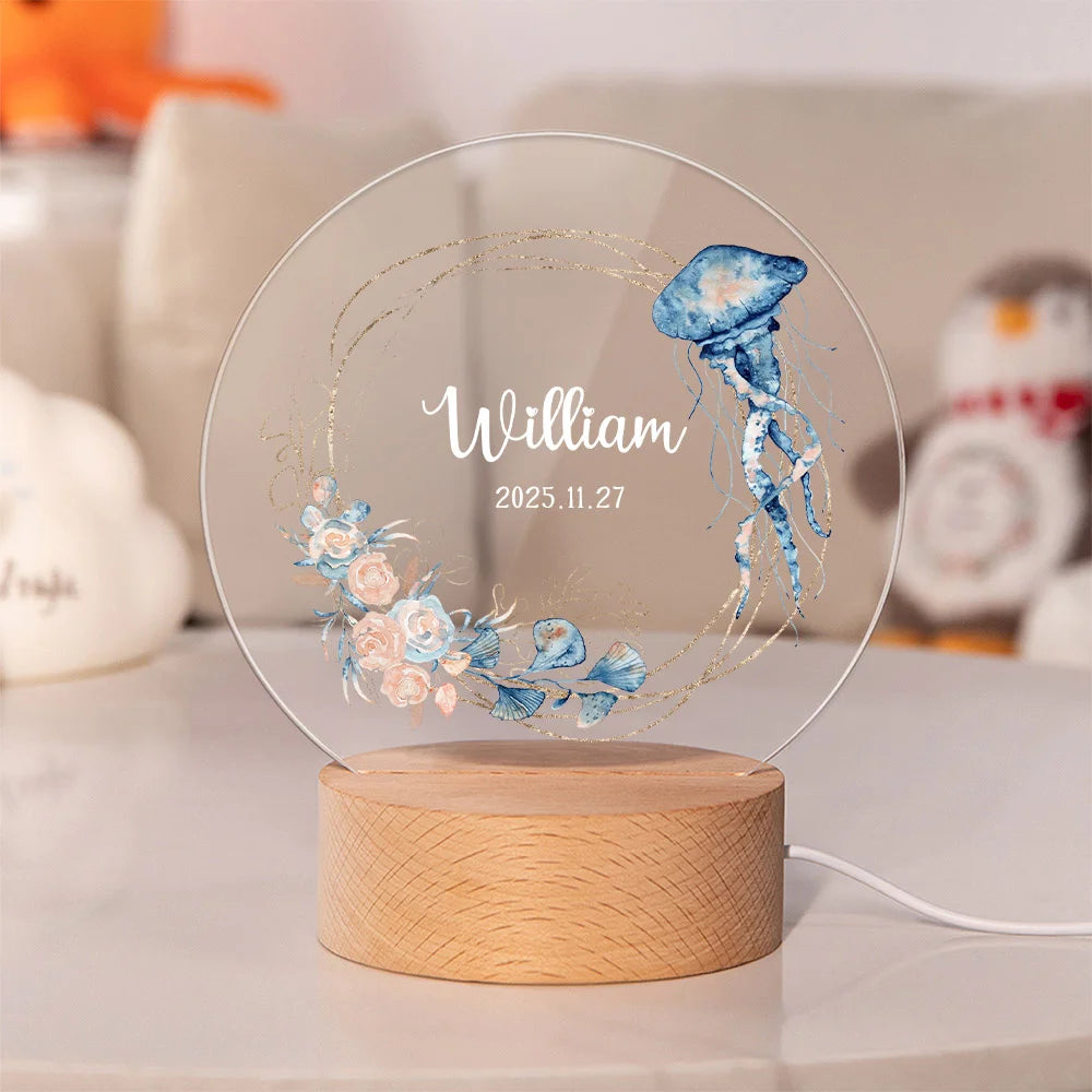 Veilleuse LED Acrylique Personnalisée – Prénom et Date avec Motif les créatures marines