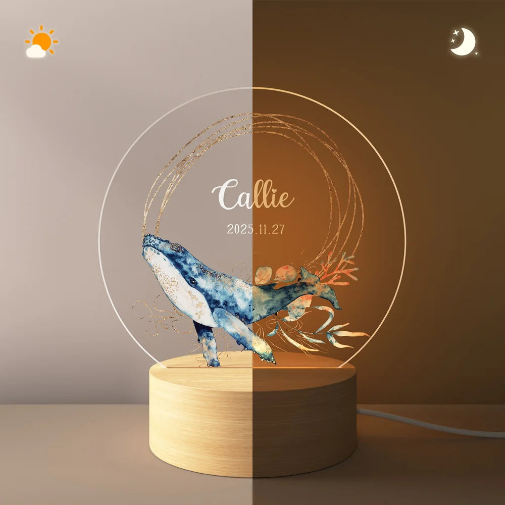 Veilleuse LED Acrylique Personnalisée – Prénom et Date avec Motif les créatures marines