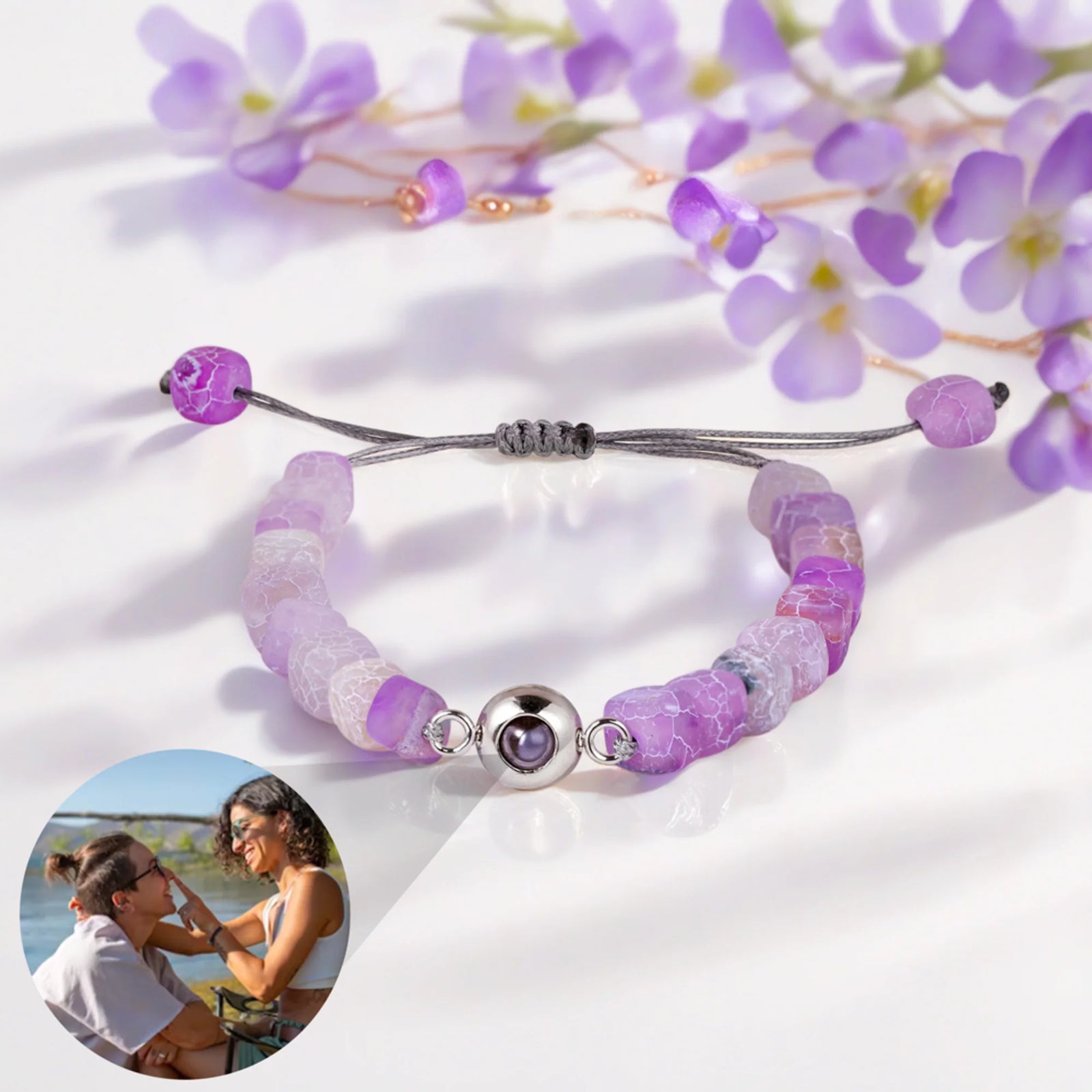 Bracelet en agate multicolore - Bijou Émotionnel Ajustable avec Projection d’Image